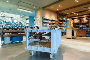 魚輸送容器「ダンベ」そのままを什器に転用した海遊館らしいバックヤード演出　<small>写真：金親直樹</small>